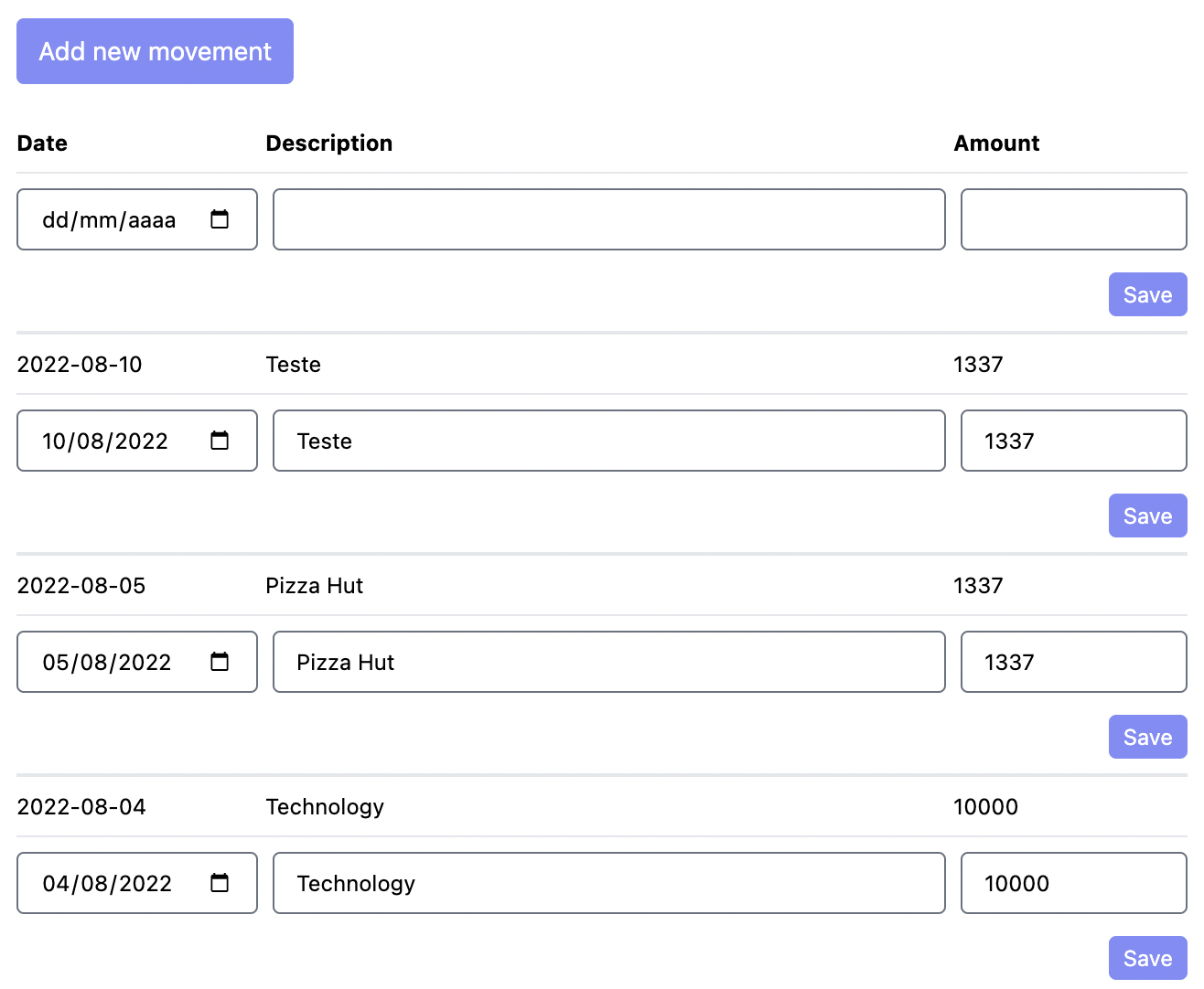 Movements list forms